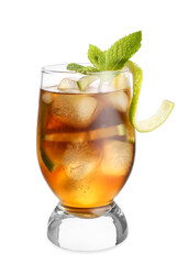 Glass of tasty Cuba Libre cocktail on white background