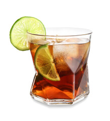 Glass of tasty Cuba Libre cocktail on white background