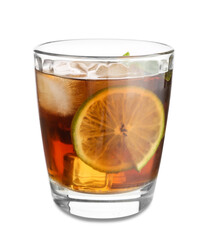 Glass of tasty Cuba Libre cocktail on white background