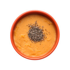 Bowl of tasty lentils soup on white background