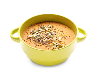 Pot of tasty lentils soup on white background