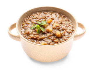 Pot of tasty lentils soup on white background