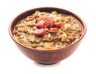 Bowl of tasty lentils soup on white background