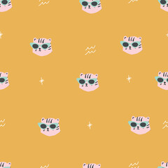 seamless retro simple leopard head with cat eye glasses seamless repeat gold pattern with light pink leopards tigers pastel pattern.