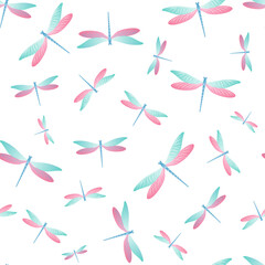 Dragonfly flat seamless pattern. Repeating clothes fabric print with darning-needle insects. Flying 
