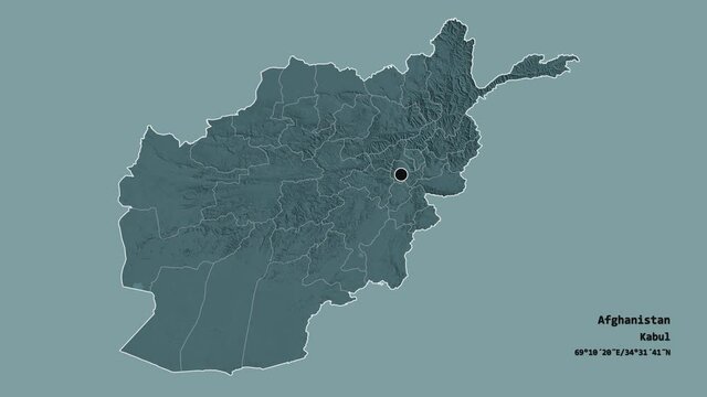 Kapisa, province of Afghanistan, with its capital, localized, outlined and zoomed with informative overlays on a administrative map in the Stereographic projection. Animation 3D