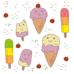 A set of very cute ice cream in pastel color isolated on white background. They’re have various emotions on their face and some sprinkles and cherry floating around.