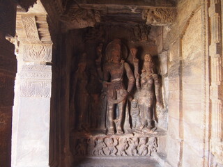 A stone statue dug into a rock, Cave Temples, Badami, Karnataka, South India, India