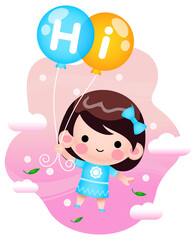 Illustration vector graphic of Cartoon Little Girl Flying With Balloons. Perfect for children book cover, children book illustrations, wallpaper, kid's brochure,  game illustration, animation, etc.