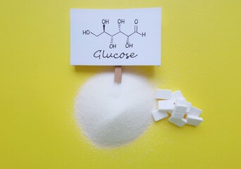 Structural chemical formula of glucose with refined crystalline sugar and cube sugar. D-Glucose...