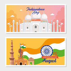 Naklejka premium set of banner, indian happy independence day with decoration vector illustration design