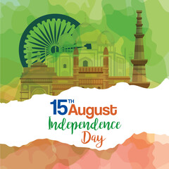 indian happy independence day, celebration 15 august, with monuments traditional and decoration vector illustration design