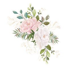 Beautiful bouquet with flowers Peony and Roses.. Watercolor. Vector illustration. EPS 10