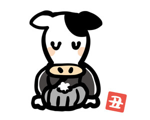 新年の挨拶をする袴を着たウシ