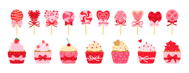 Valentines day sweets, candy and cupcake set. Cartoon Tasty holiday flat cartoon sweets. Lollipop cane caramel, sugar cake cream. Party food, decorated hearts, bow. Isolated vector illustration