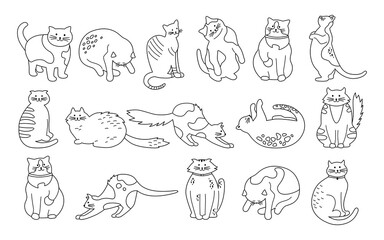 Cat character collection. Black flat cartoon line set. Different kitty breeds, pet characters. Contour funny cats sitting, sleeping. Different stripes spots. Hand drawn isolated vector illustration