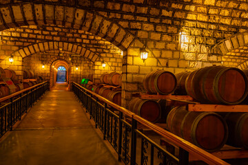 Oak barrels in wine cellars, Changli County, Hebei Province, China