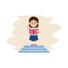 little student girl with uniform reading book character