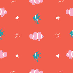 Seamless vector repeat pink red and green ocean animals pattern. This pattern has starfish, cardinalfish and clownfish with a red background