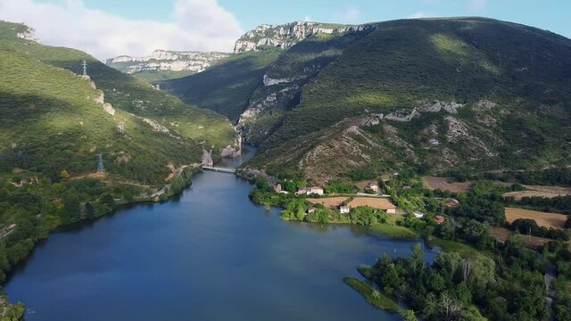 Aerial view of El Sobron lake and Ebro river canyon in Burgos, Castilla y Leon, Spain. High quality photo
