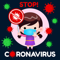 Illustration vector graphic of little girl with medical mask holding No Coronavirus Covid-19 sign.Perfect for Medical brochure, Television health information, Medical Banner, Hospital, etc