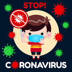 Illustration vector graphic of little boy with medical mask holding No Coronavirus Covid-19 sign.Perfect for Medical brochure, Television health information, Medical Banner, Hospital, etc