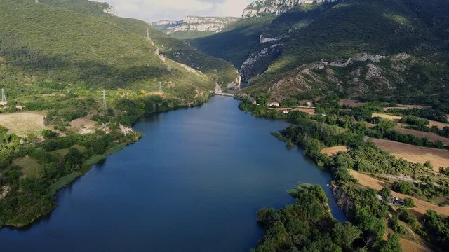 Aerial view of El Sobron lake and Ebro river canyon in Burgos, Castilla y Leon, Spain. High quality photo