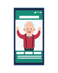 happy old grandfather in smartphone avatar character