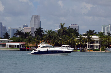 Small motor yacht on Biscayne Bay off of Rivo Alto iisland in Miami Beach,Florida