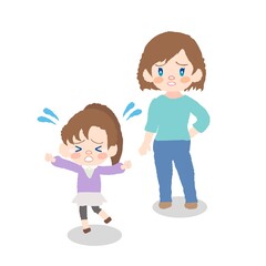 泣きわめく子供と母親の全身イラスト、発達障害、イヤイヤ期、パニックなど。