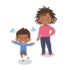 泣きわめく子供と母親の全身イラスト、発達障害、イヤイヤ期、パニックなど。