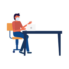 man with mask and laptop on table vector design