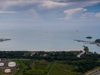 Fototapeta premium Beautiful aerial view of Limon downtown and its pier bay of Moin, APM and Limon in Costa Rica