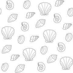 Seamless pattern shells Line art Black on white background Illustration doodle Monochrome Underwater world Hand drawn Sketch for Web, Wallpapers, Fabric Textile Paper Invitation Greeting card other.