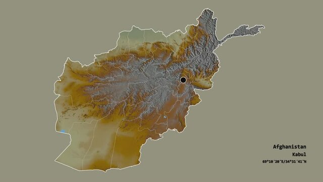 Nuristan, province of Afghanistan, with its capital, localized, outlined and zoomed with informative overlays on a relief map in the Stereographic projection. Animation 3D
