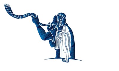 Fototapeta premium Group of Jewish blowing the shofar horn cartoon graphic vector.