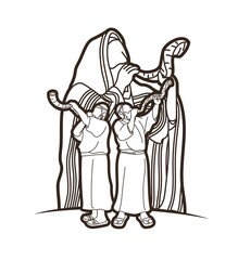 Group of Jewish blowing the shofar horn cartoon graphic vector.