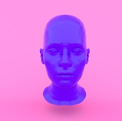3D rendering of scene with female head made of punchy pastel blue material on pink background. Vaporwave minimal style computer generated illustration.