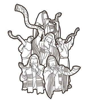 men blowing shofar horns, line art clip art preview
