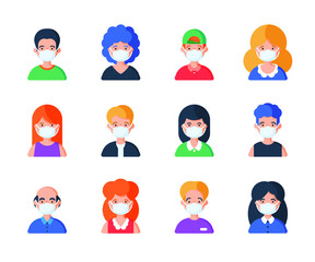 People in medical mask set of avatar vector illustration. Young, adult man and woman user