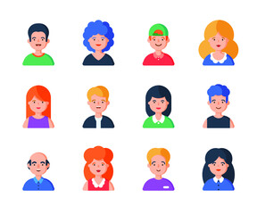 Fototapeta premium People portrait set of avatar vector illustration. Young, adult happy man and woman user