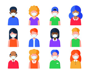 People in medical mask set of avatar vector illustration. Young, adult man and woman user