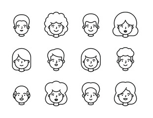 People portrait line outline set of avatar vector illustration. Young, adult happy man and woman user
