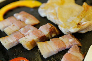 Korean grilled pork BBQ (Samgyeopsal-gui) at Korean restaurant, Busan, South Korea