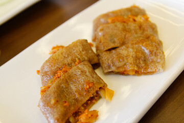 Korean spring roll with kimchi and vegetable at Korean restaurant, Seoul, South Korea