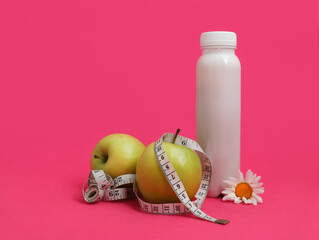 healthy fitness breakfast on bright pink background