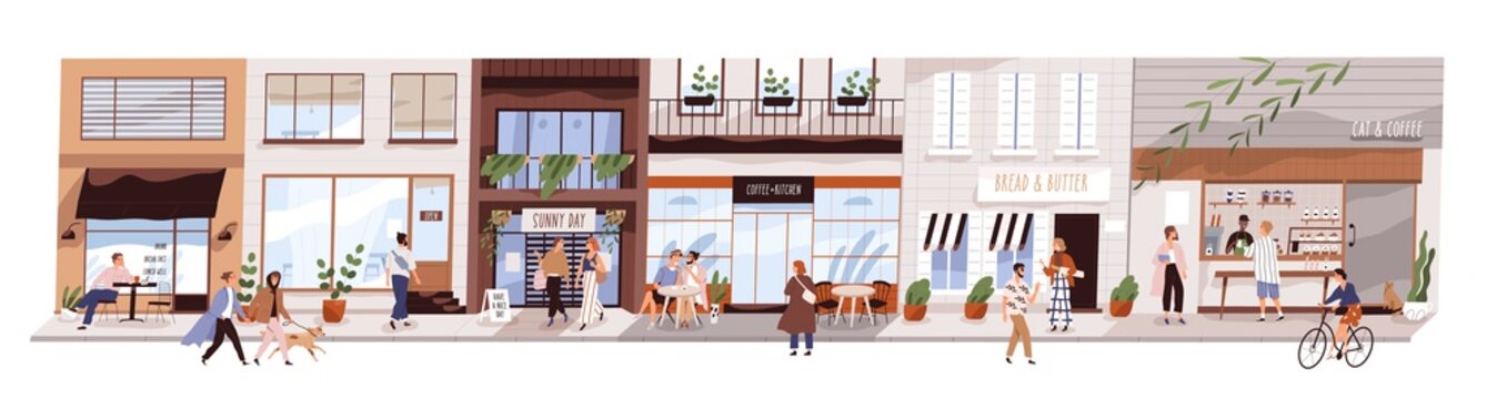 Small urban street with cafes and shops vector flat illustration. Happy man, woman and couples walking on modern city panorama. Buildings, coffeshop, store showcase with people isolated on white