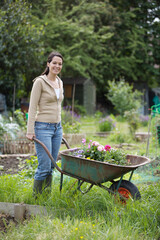 Woman pushing wheelbarrow with potted flowers