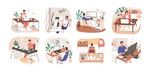 Set of freelance people working remotely vector flat illustration. Collection of man and woman use computer or laptop at comfortable workplace isolated on white. Self employed person at home office