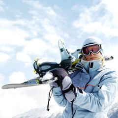 Fototapeta na wymiar Woman in ski goggles holding snowboard